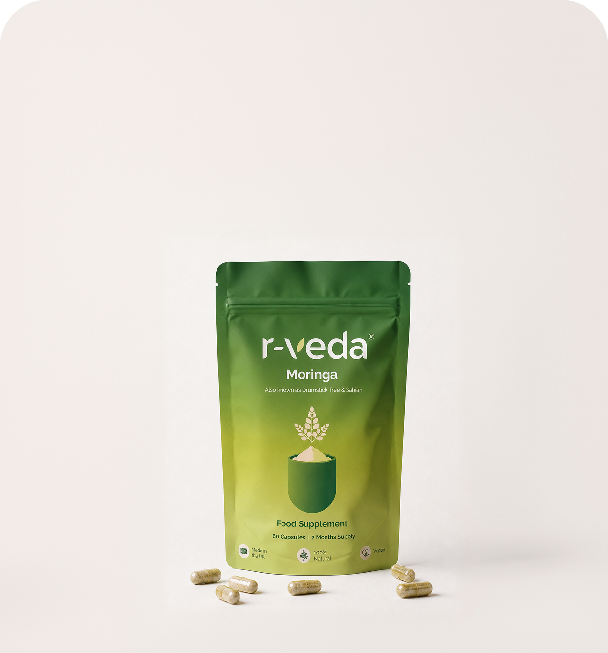 r-veda Moringa — vegan moringa leaf extract capsules, made in the UK