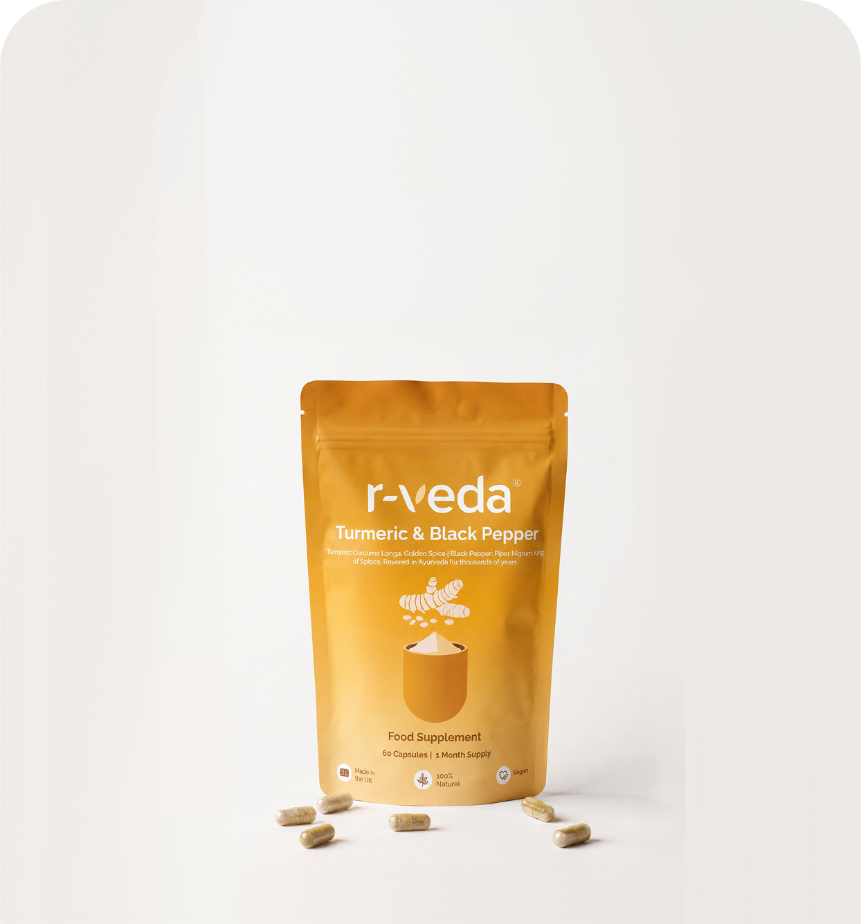 r-veda Turmeric & Black Pepper — vegan turmeric and black pepper capsules, made in the UK