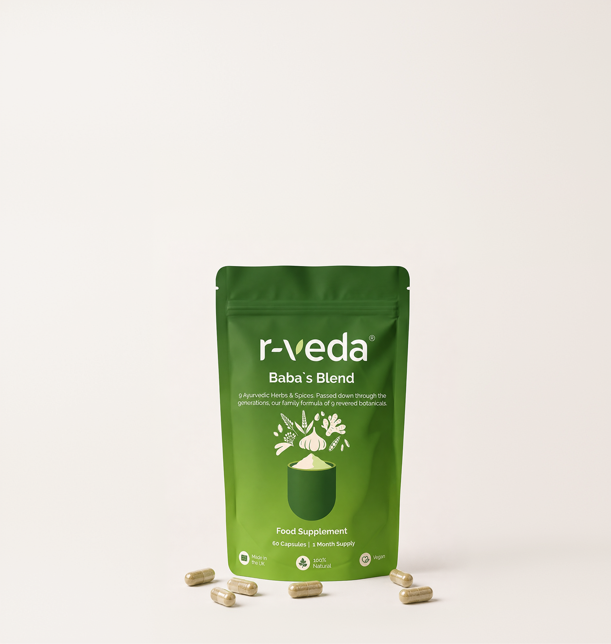 r-veda Baba's Blend — proprietary nine-herb Ayurvedic formula capsules, made in the UK