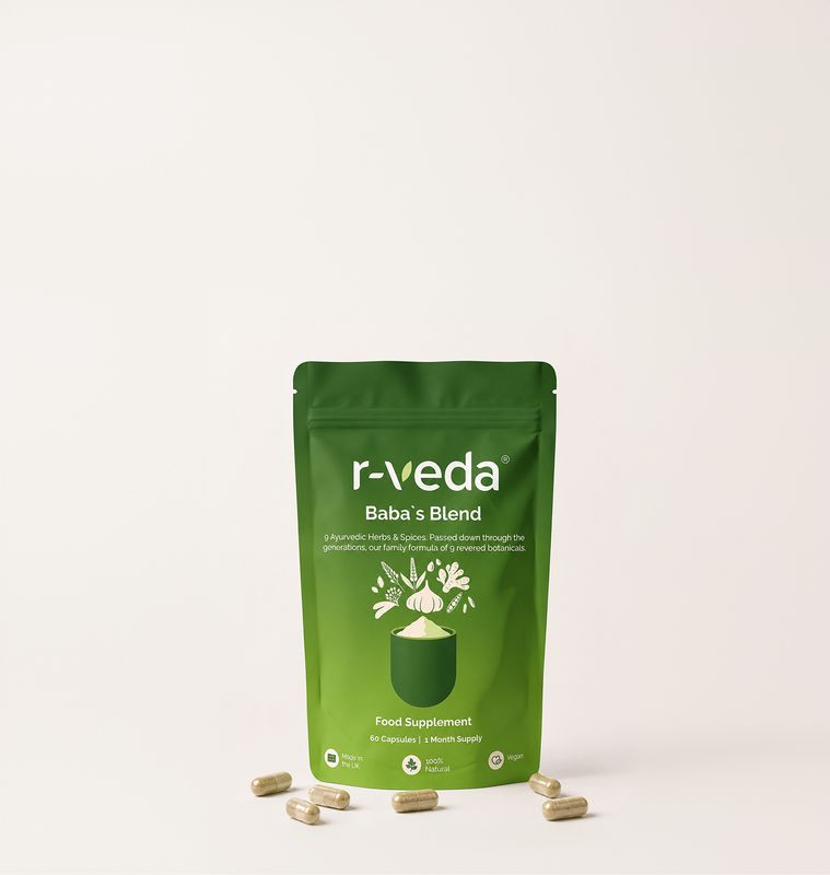 r-veda Baba's Blend — proprietary nine-herb Ayurvedic formula capsules, made in the UK